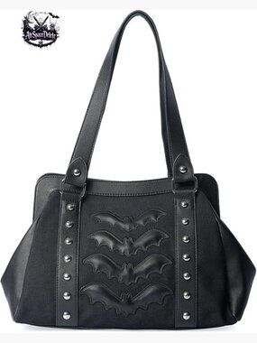Gothic Bat Stud Shoulder Bag Canvas Vegan Leather 14x10x4